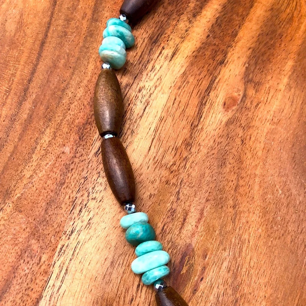 Blue turquoise & wood beaded necklace 11” with a 2” extender